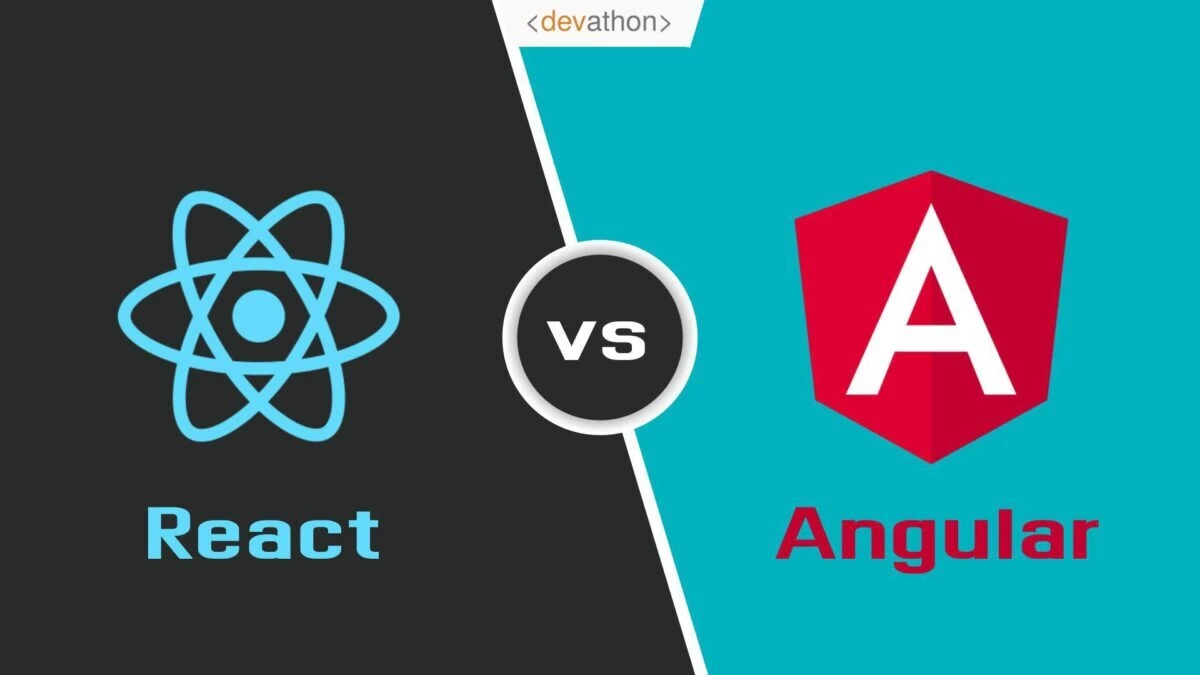React logo and text on the left separated by a vs icon from the Angular logo and text on the right.