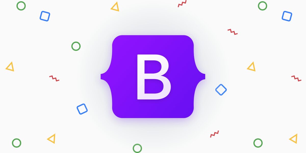 Purple Bootstrap logo with a white letter B inside curly braces, surrounded by colorful geometric confetti.