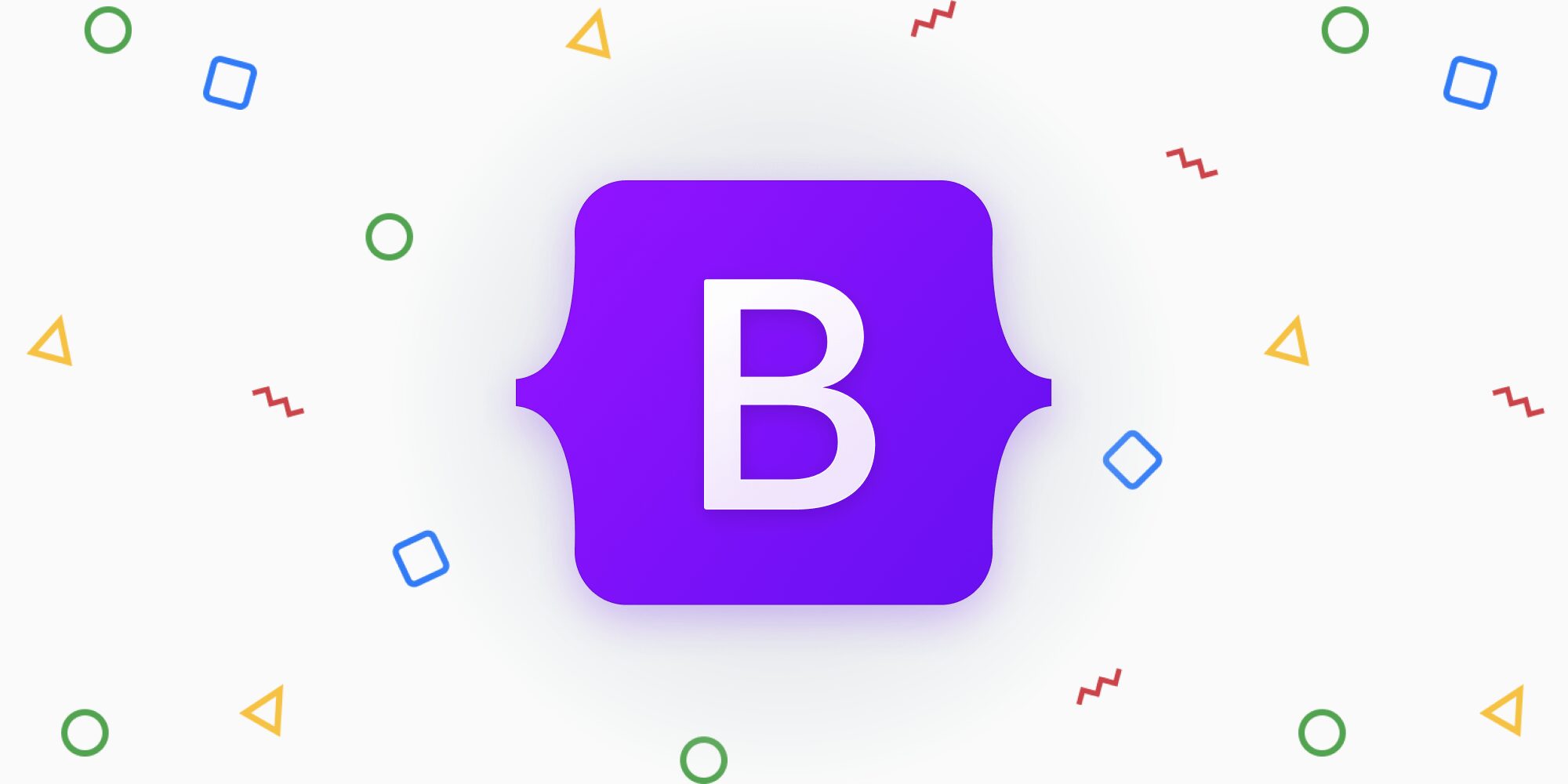 Purple Bootstrap logo with a white letter B inside curly braces, surrounded by colorful geometric confetti.