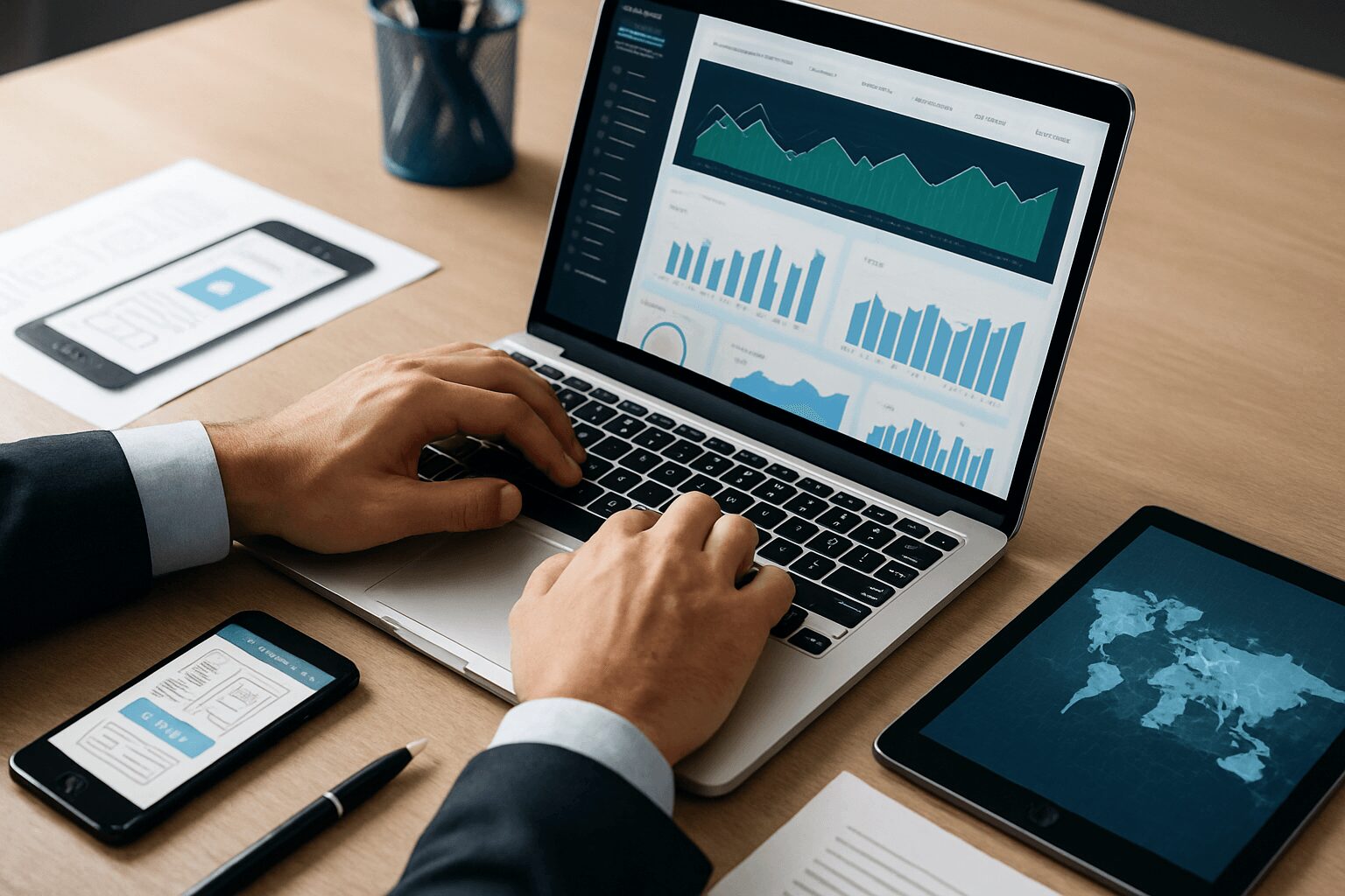 Hands typing on a laptop with data dashboards on screen, next to a tablet showing a map, a smartphone, and documents.