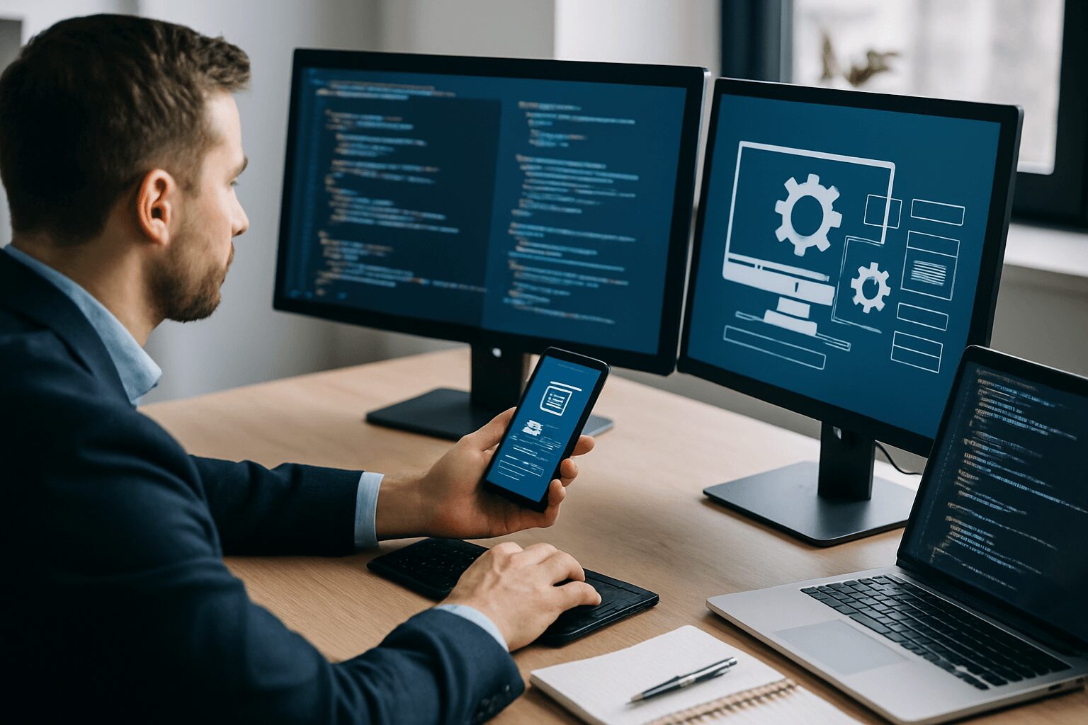 Man at a desk holding a smartphone while working on two monitors and an open laptop displaying computer code.